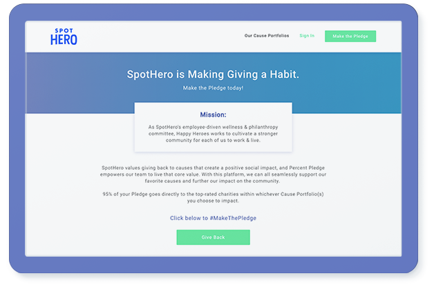 A screen showing an example of an employer's Percent Pledge giving portal page
