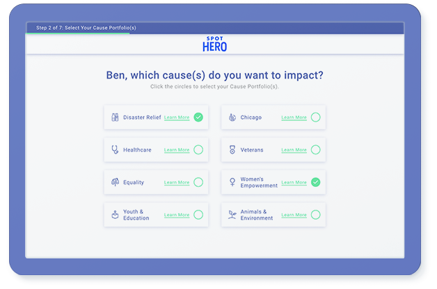 A screen showing an example of an employer's Percent Pledge giving portal page