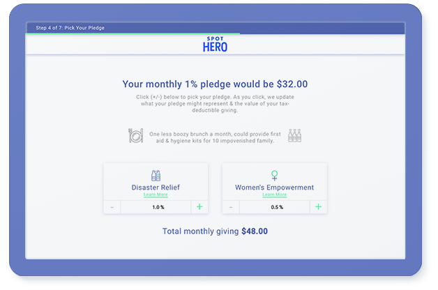 A screen showing an example of an employer's Percent Pledge giving portal page